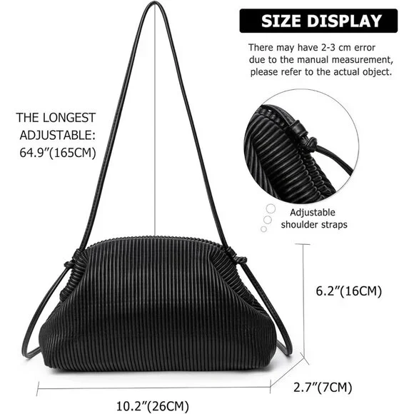 Women's Black Soft Cloud Bag Fashion Dumpling With Ruched Pouch Crossbody Bag - Picture 3 of 6